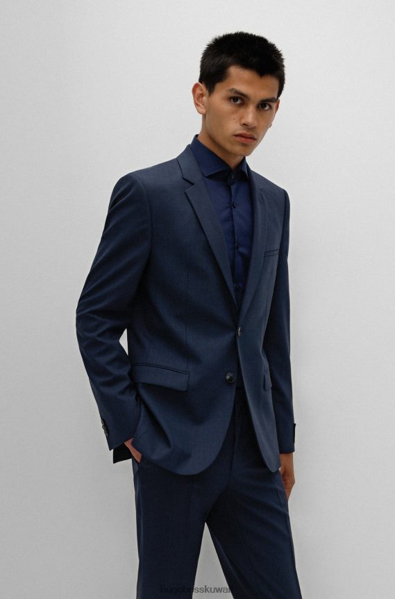 4TFNJN2012 أزرق غامق Hugo Boss بدلة Hugo فائقة النحافة مصنوعة من الصوف المطاطي المنقوش باللون الأزرق الداكن
