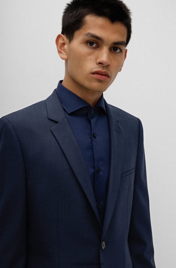 4TFNJN2012 أزرق غامق Hugo Boss بدلة Hugo فائقة النحافة مصنوعة من الصوف المطاطي المنقوش باللون الأزرق الداكن