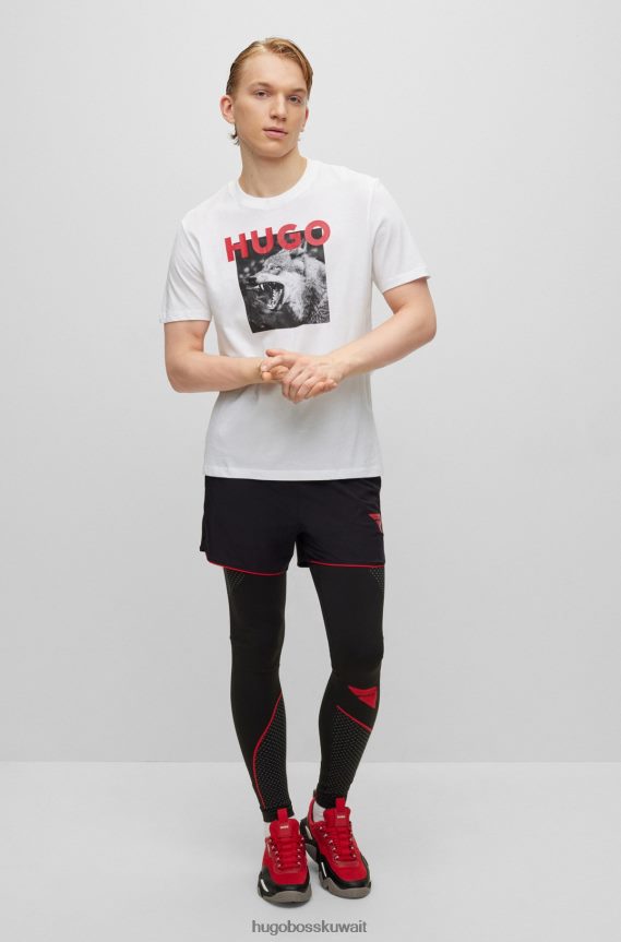 4TFNJN2019 أبيض Hugo Boss تي شيرت من الجيرسي القطني بطبعة الذئب وشعار هوغو باللون الأبيض