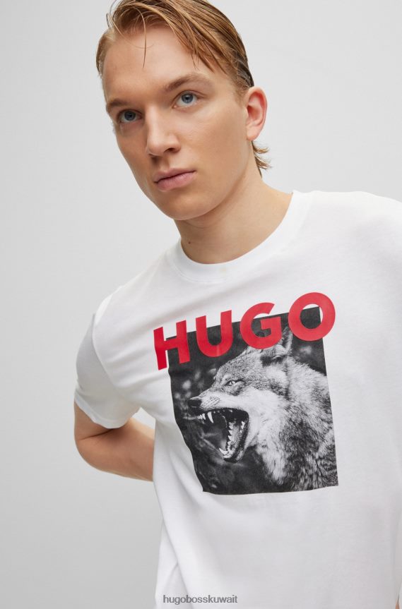 4TFNJN2019 أبيض Hugo Boss تي شيرت من الجيرسي القطني بطبعة الذئب وشعار هوغو باللون الأبيض