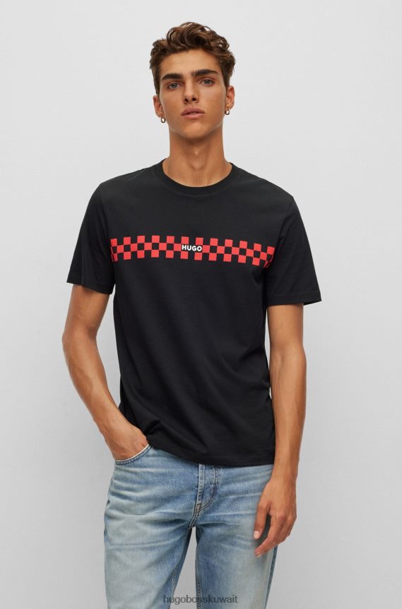 4TFNJN2020 أسود Hugo Boss تي شيرت أسود بقصة عادية من القطن مع شعار Hugo الفني
