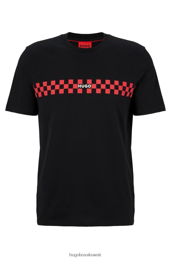 4TFNJN2020 أسود Hugo Boss تي شيرت أسود بقصة عادية من القطن مع شعار Hugo الفني