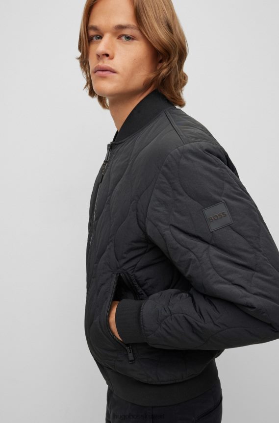 4TFNJN2032 أسود Hugo Boss سترة بومبر مبطنة مقاومة للماء مع خطوط برتقالية سوداء