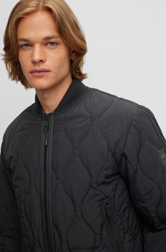 4TFNJN2032 أسود Hugo Boss سترة بومبر مبطنة مقاومة للماء مع خطوط برتقالية سوداء