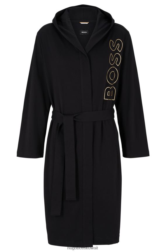 4TFNJN2033 أسود Hugo Boss رداء حمام من الجيرسي القطني الأسود مع شعار الخطوط العريضة هوغو