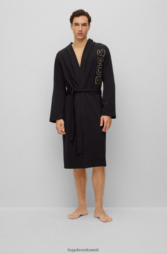 4TFNJN2033 أسود Hugo Boss رداء حمام من الجيرسي القطني الأسود مع شعار الخطوط العريضة هوغو