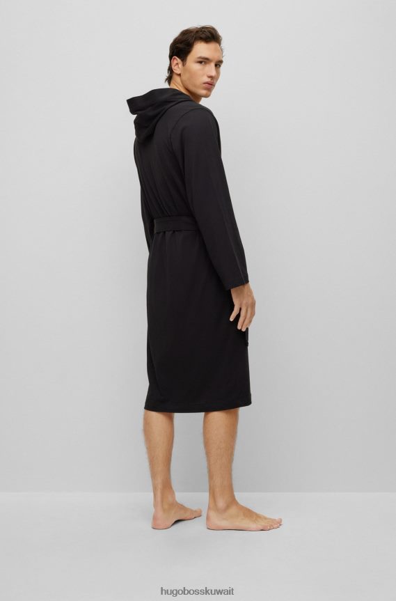 4TFNJN2033 أسود Hugo Boss رداء حمام من الجيرسي القطني الأسود مع شعار الخطوط العريضة هوغو