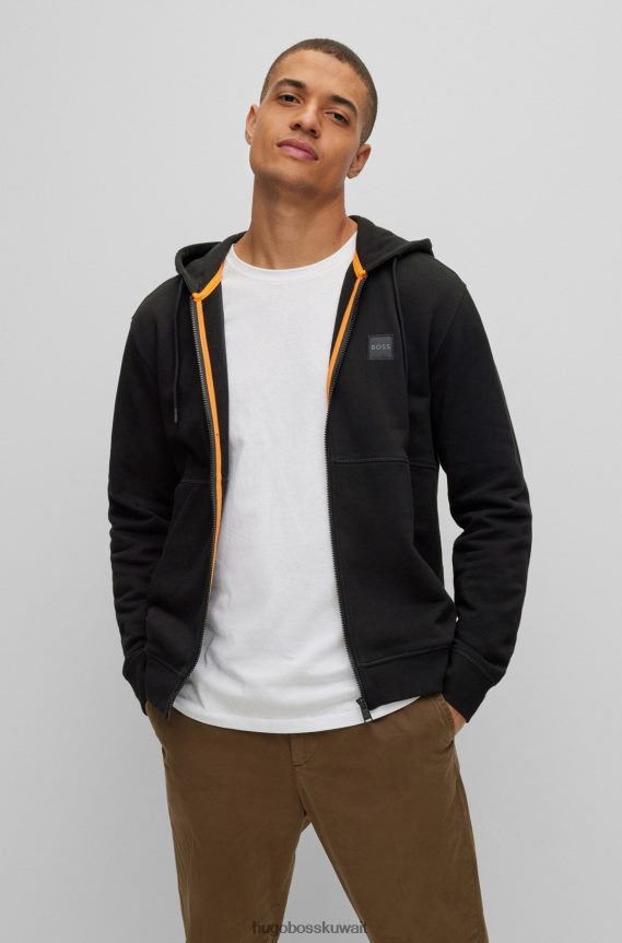 4TFNJN2039 أسود Hugo Boss هودي بسحاب من قطن تيري باللون الأسود مع رقعة شعار هوغو