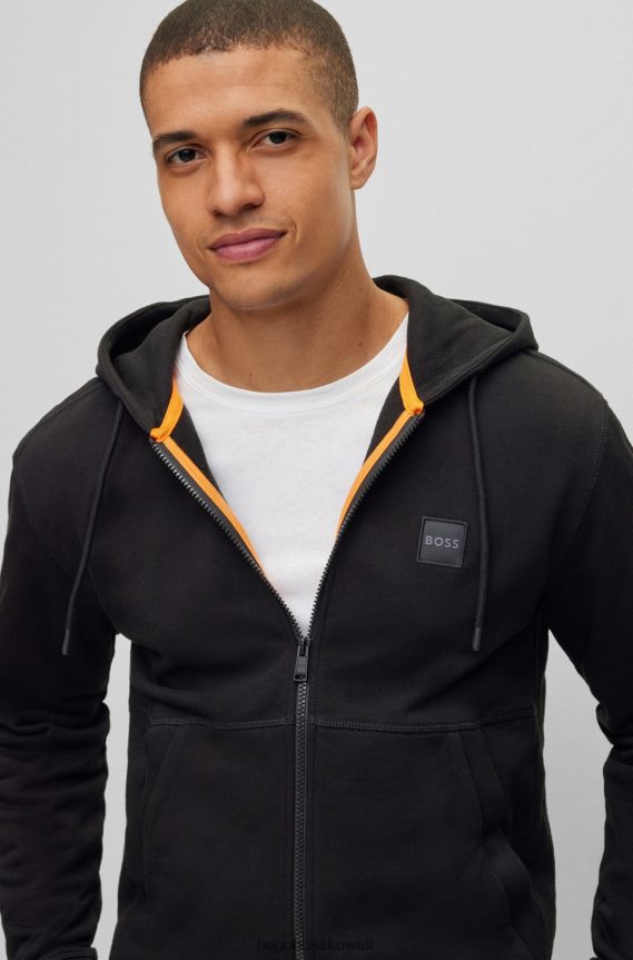 4TFNJN2039 أسود Hugo Boss هودي بسحاب من قطن تيري باللون الأسود مع رقعة شعار هوغو