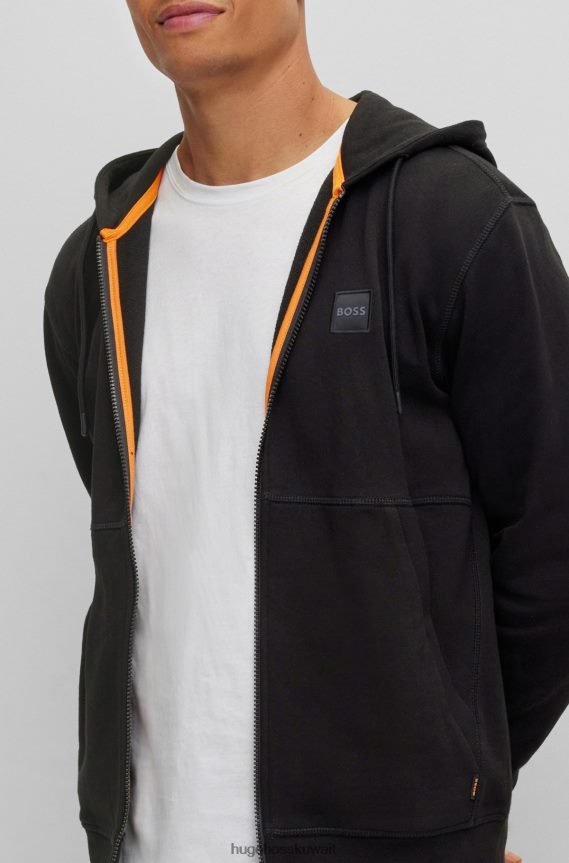 4TFNJN2039 أسود Hugo Boss هودي بسحاب من قطن تيري باللون الأسود مع رقعة شعار هوغو
