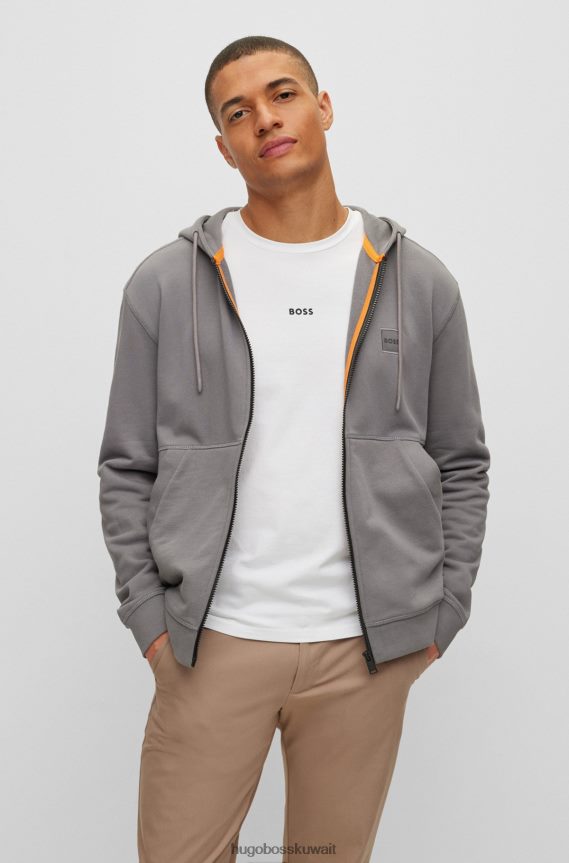 4TFNJN2041 رمادي Hugo Boss هودي هوغو رمادي من قطن تيري بسحاب مع رقعة شعار