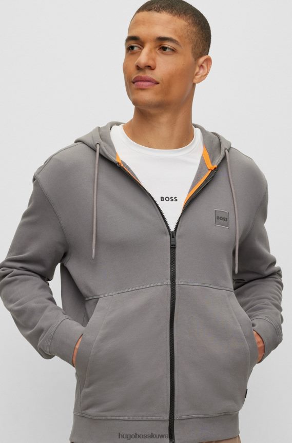 4TFNJN2041 رمادي Hugo Boss هودي هوغو رمادي من قطن تيري بسحاب مع رقعة شعار