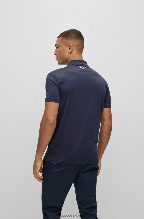 4TFNJN2045 أزرق غامق Hugo Boss قميص بولو أزرق داكن قابل للتمدد مع طباعة هوغو مخططة