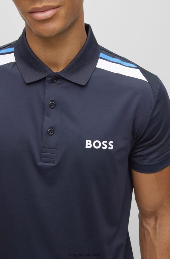 4TFNJN2045 أزرق غامق Hugo Boss قميص بولو أزرق داكن قابل للتمدد مع طباعة هوغو مخططة