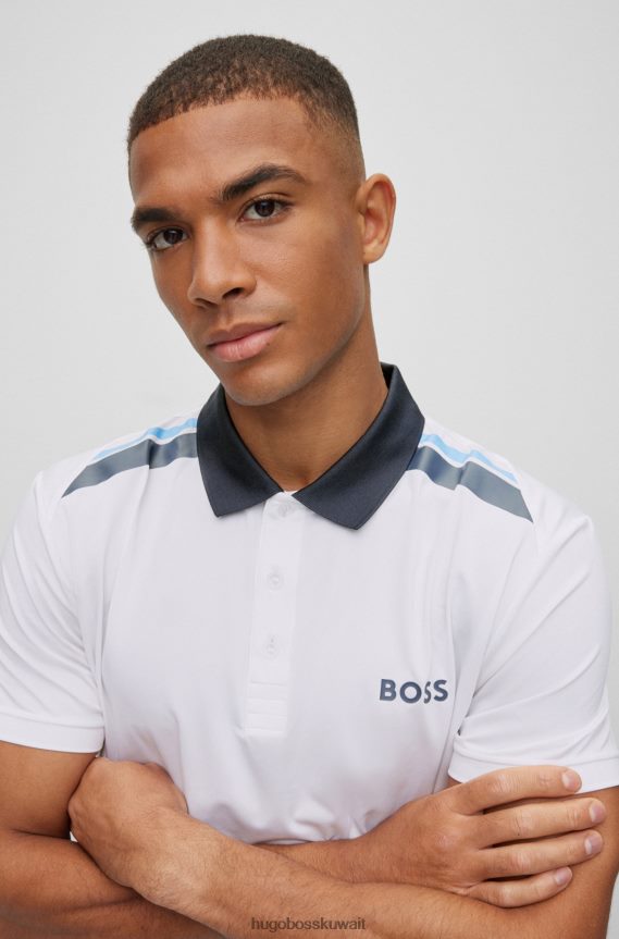 4TFNJN2046 أبيض Hugo Boss قميص بولو نشط قابل للتمدد مع طباعة شريطية باللون الأبيض