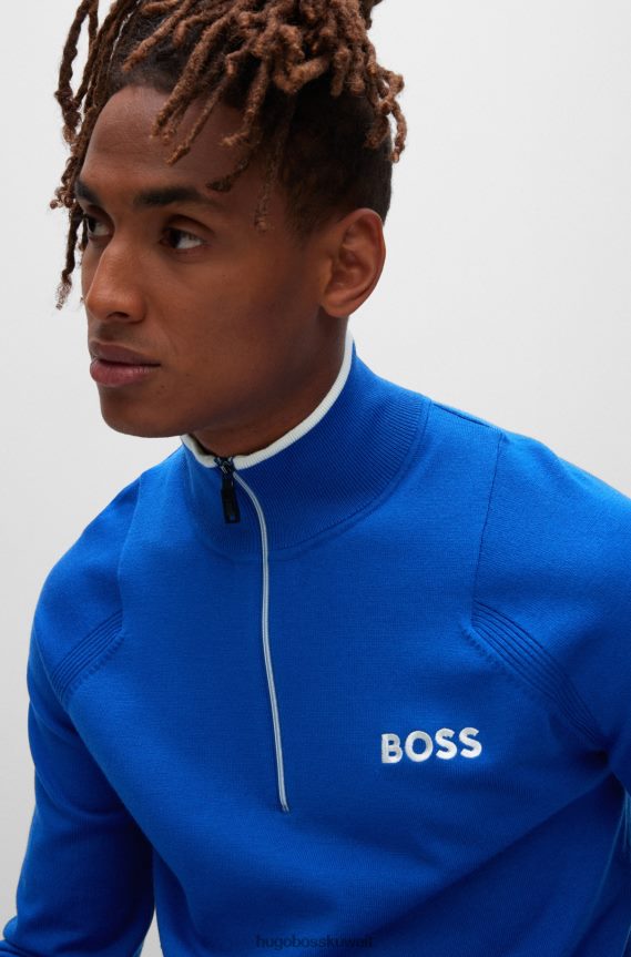 4TFNJN2049 أزرق Hugo Boss هوغو سترة عادية ذات رقبة بسحاب وشعارات مطرزة باللون الأزرق