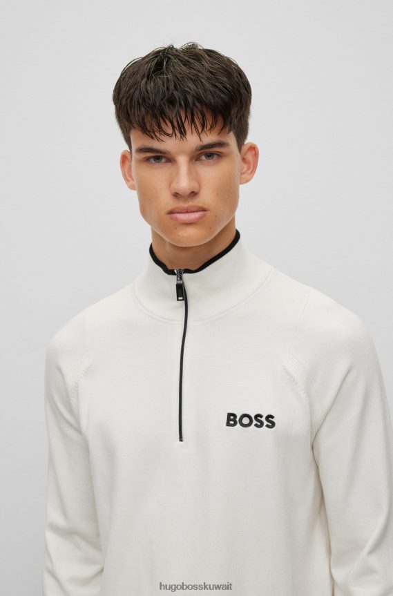 4TFNJN2050 أبيض Hugo Boss سترة بسحاب ورقبة عادية مع شعارات مطرزة باللون الأبيض