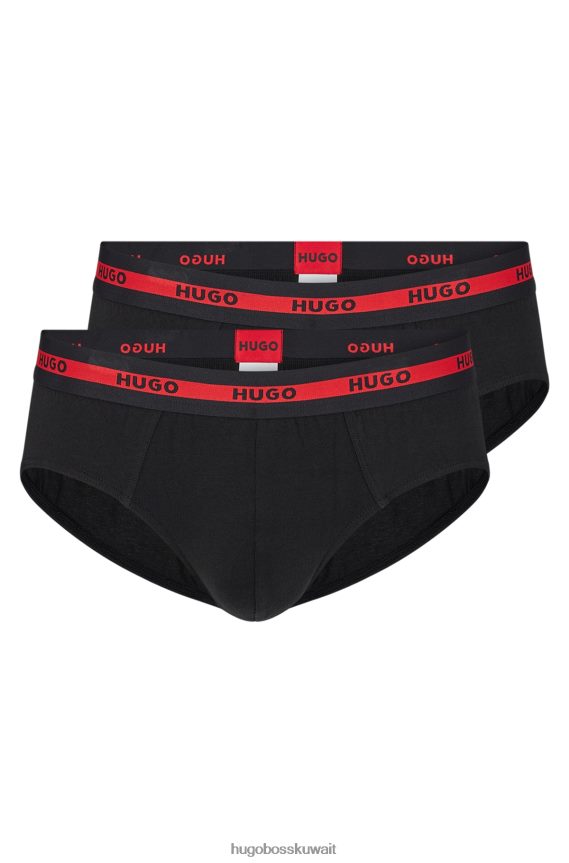 4TFNJN2051 أسود Hugo Boss حزمة من قطعتين من السراويل الداخلية المصنوعة من القطن المطاطي مع أحزمة خصر تحمل شعار Hugo