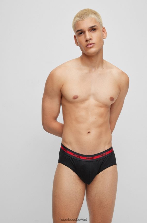 4TFNJN2051 أسود Hugo Boss حزمة من قطعتين من السراويل الداخلية المصنوعة من القطن المطاطي مع أحزمة خصر تحمل شعار Hugo