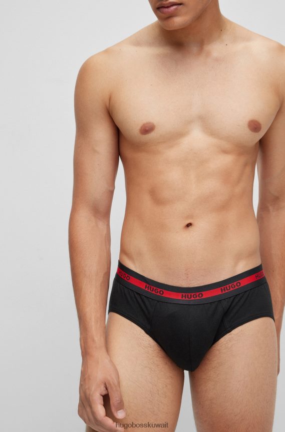 4TFNJN2051 أسود Hugo Boss حزمة من قطعتين من السراويل الداخلية المصنوعة من القطن المطاطي مع أحزمة خصر تحمل شعار Hugo