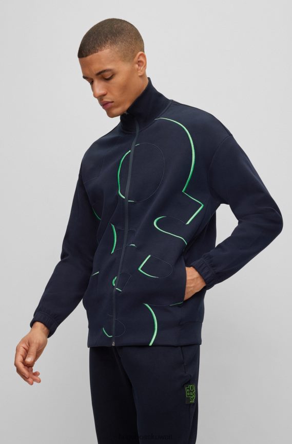 4TFNJN2056 أزرق غامق Hugo Boss سويت شيرت من مزيج القطن بسحاب مع شعار مطرز باللون الأزرق الداكن