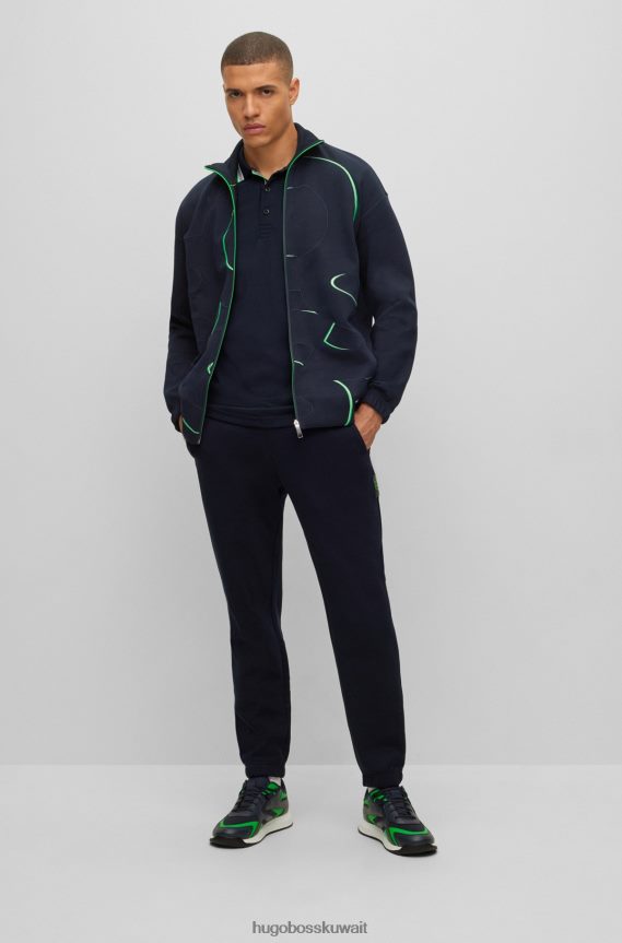 4TFNJN2056 أزرق غامق Hugo Boss سويت شيرت من مزيج القطن بسحاب مع شعار مطرز باللون الأزرق الداكن