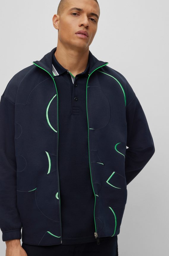 4TFNJN2056 أزرق غامق Hugo Boss سويت شيرت من مزيج القطن بسحاب مع شعار مطرز باللون الأزرق الداكن