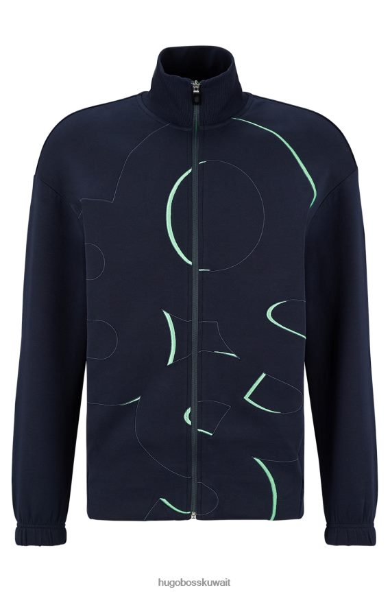 4TFNJN2056 أزرق غامق Hugo Boss سويت شيرت من مزيج القطن بسحاب مع شعار مطرز باللون الأزرق الداكن