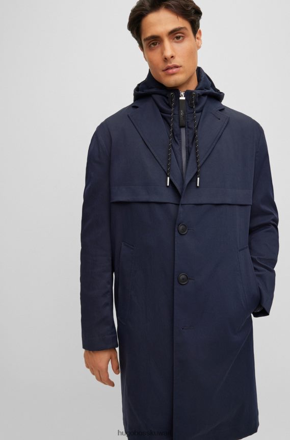 4TFNJN2067 أزرق غامق Hugo Boss معطف هوغو مريح وطارد للماء مع سحاب داخلي باللون الأزرق الداكن