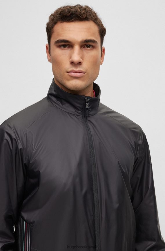 4TFNJN2082 أسود Hugo Boss جاكيت بسحاب مصنوع من قماش هوغو المعاد تدويره المقاوم للماء باللون الأسود