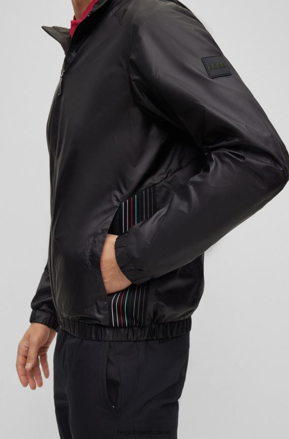 4TFNJN2082 أسود Hugo Boss جاكيت بسحاب مصنوع من قماش هوغو المعاد تدويره المقاوم للماء باللون الأسود
