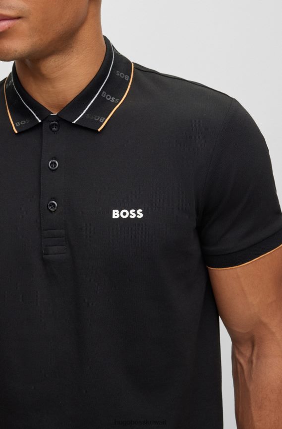 4TFNJN2083 أسود Hugo Boss قميص بولو أسود من Hugo بقصة ضيقة وياقة بطباعة الشعار