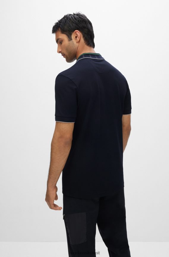 4TFNJN2086 أزرق غامق Hugo Boss قميص بولو بقصّة نحيفة مع ياقة مطبوعة بشعار الماركة باللون الأزرق الداكن