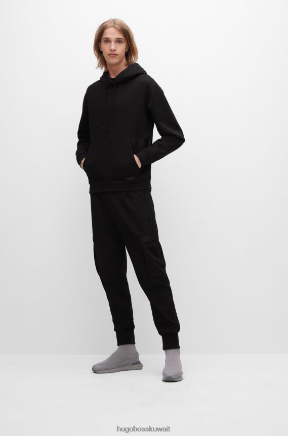 4TFNJN2091 أسود Hugo Boss هودي هوغو من القطن العضوي مع حواف بشريط الشعار باللون الأسود