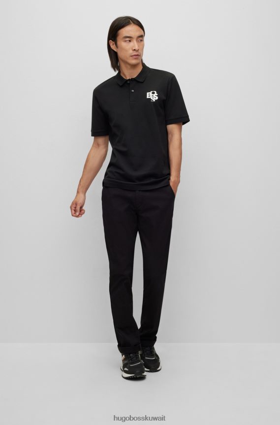 4TFNJN2096 أسود Hugo Boss قميص بولو من القطن المرسيري باللون الأسود مع شعار مهزوز من هوغو