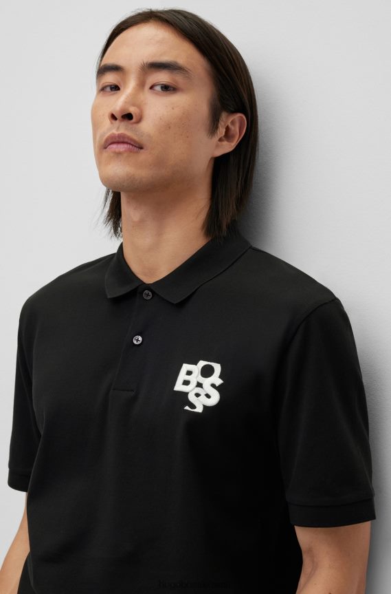 4TFNJN2096 أسود Hugo Boss قميص بولو من القطن المرسيري باللون الأسود مع شعار مهزوز من هوغو