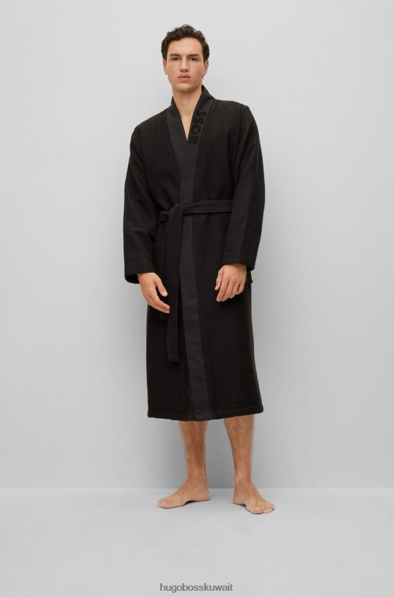 4TFNJN2103 أسود Hugo Boss رداء حمام بتصميم وافل مع شعار Emed