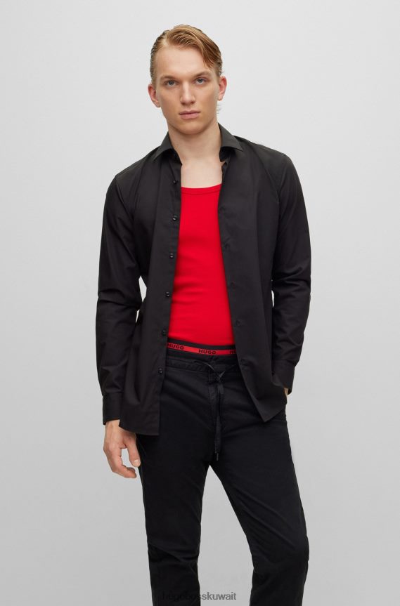 4TFNJN2104 أسود Hugo Boss قميص Hugo بقصة ضيقة من قماش البوبلين القطني سهل الكي باللون الأسود