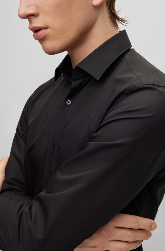 4TFNJN2104 أسود Hugo Boss قميص Hugo بقصة ضيقة من قماش البوبلين القطني سهل الكي باللون الأسود