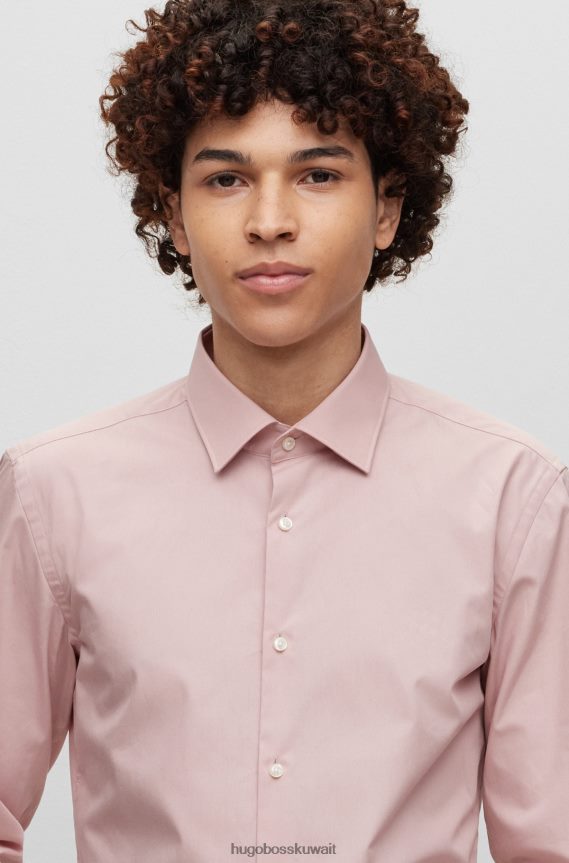 4TFNJN2105 وردي فاتح Hugo Boss قميص بقصة ضيقة من قماش البوبلين القطني سهل الكي باللون الوردي الفاتح