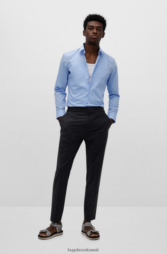 4TFNJN2107 أزرق فاتح Hugo Boss قميص بقصة ضيقة مصنوع من قماش البوبلين القطني باللون الأزرق الفاتح سهل الكي