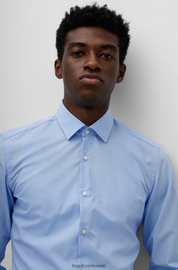 4TFNJN2107 أزرق فاتح Hugo Boss قميص بقصة ضيقة مصنوع من قماش البوبلين القطني باللون الأزرق الفاتح سهل الكي