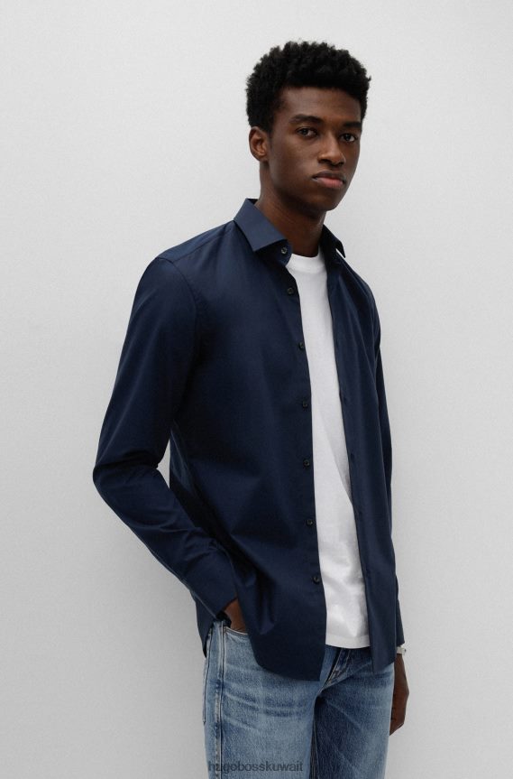 4TFNJN2108 أزرق غامق Hugo Boss قميص هوغو ذو قصة ضيقة باللون الأزرق الداكن مصنوع من قماش البوبلين القطني سهل الكي