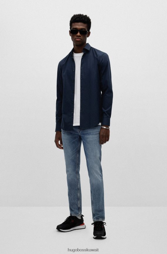 4TFNJN2108 أزرق غامق Hugo Boss قميص هوغو ذو قصة ضيقة باللون الأزرق الداكن مصنوع من قماش البوبلين القطني سهل الكي