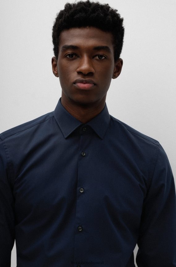 4TFNJN2108 أزرق غامق Hugo Boss قميص هوغو ذو قصة ضيقة باللون الأزرق الداكن مصنوع من قماش البوبلين القطني سهل الكي