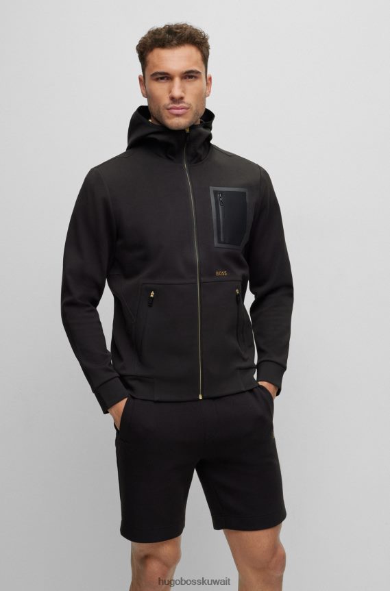 4TFNJN2110 أسود Hugo Boss Hugo هودي بسحاب وشعار متباين مع تفاصيل مثقبة أسود