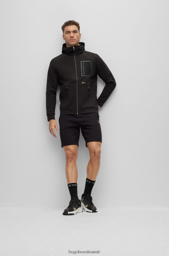 4TFNJN2110 أسود Hugo Boss Hugo هودي بسحاب وشعار متباين مع تفاصيل مثقبة أسود