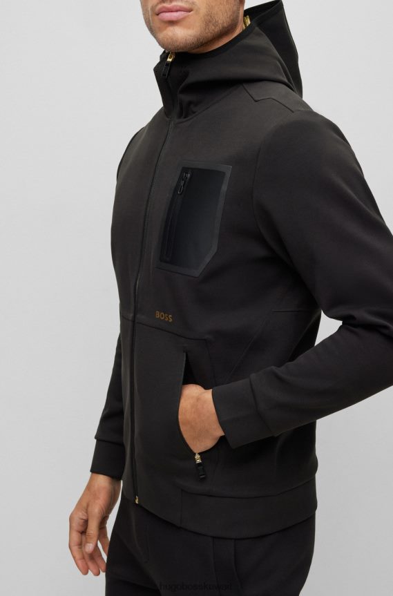 4TFNJN2110 أسود Hugo Boss Hugo هودي بسحاب وشعار متباين مع تفاصيل مثقبة أسود