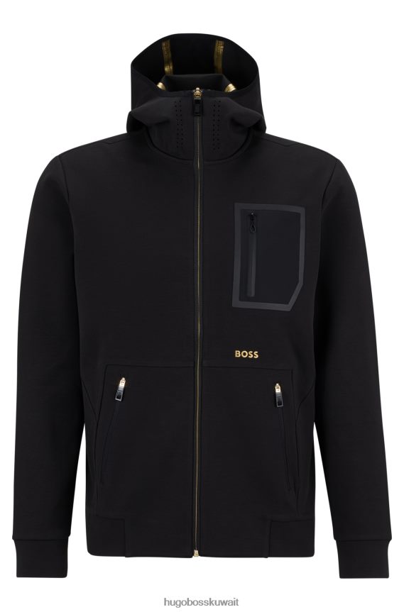4TFNJN2110 أسود Hugo Boss Hugo هودي بسحاب وشعار متباين مع تفاصيل مثقبة أسود