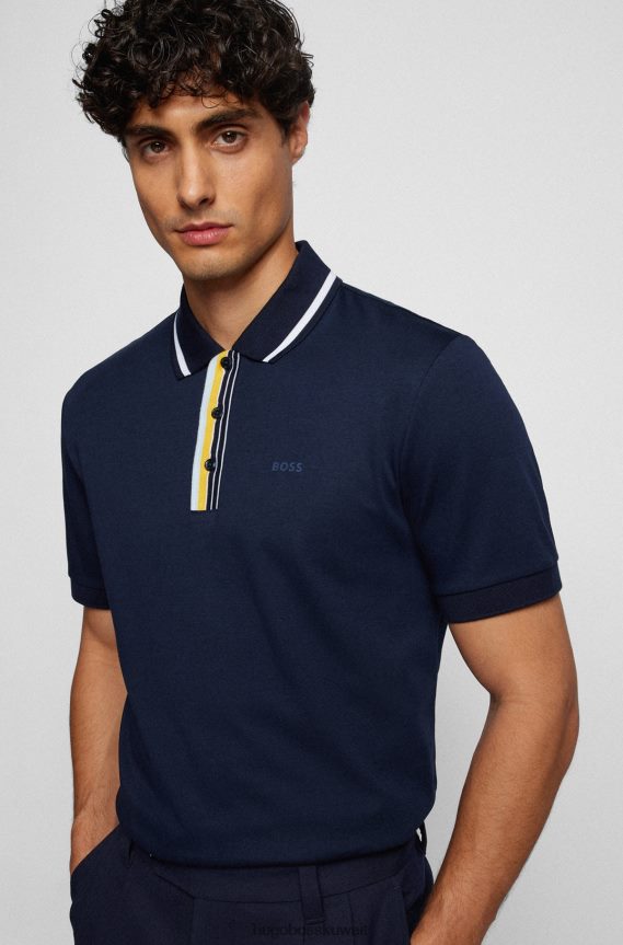 4TFNJN2111 أزرق غامق Hugo Boss قميص بولو من القطن المتشابك مع شعار هوغو مطاطي باللون الأزرق الداكن